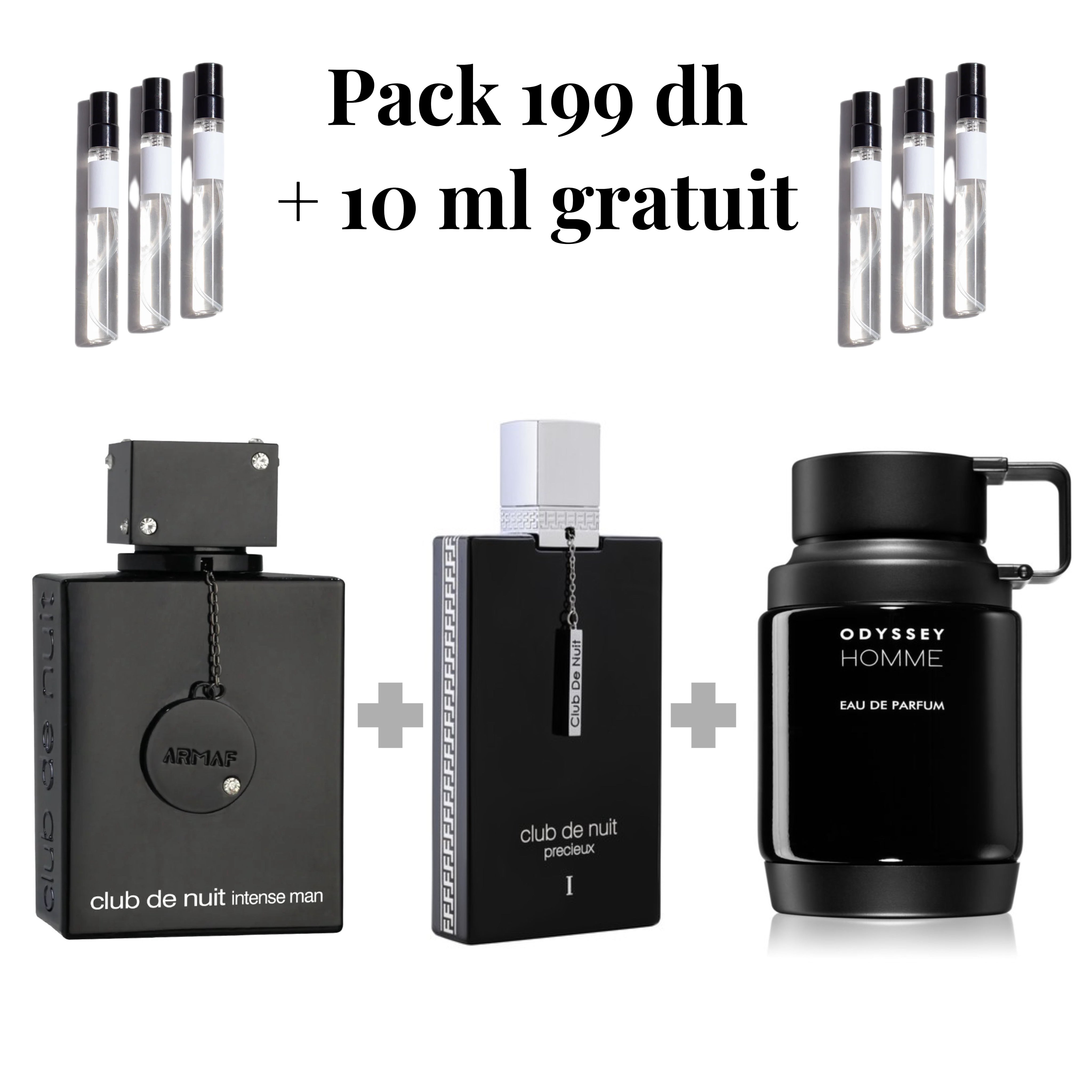 Pack 199 dh ( 10 ml club de nuit+10 ml precieux 1 +10 ml odyssey homme ) + 10 ml gratuite