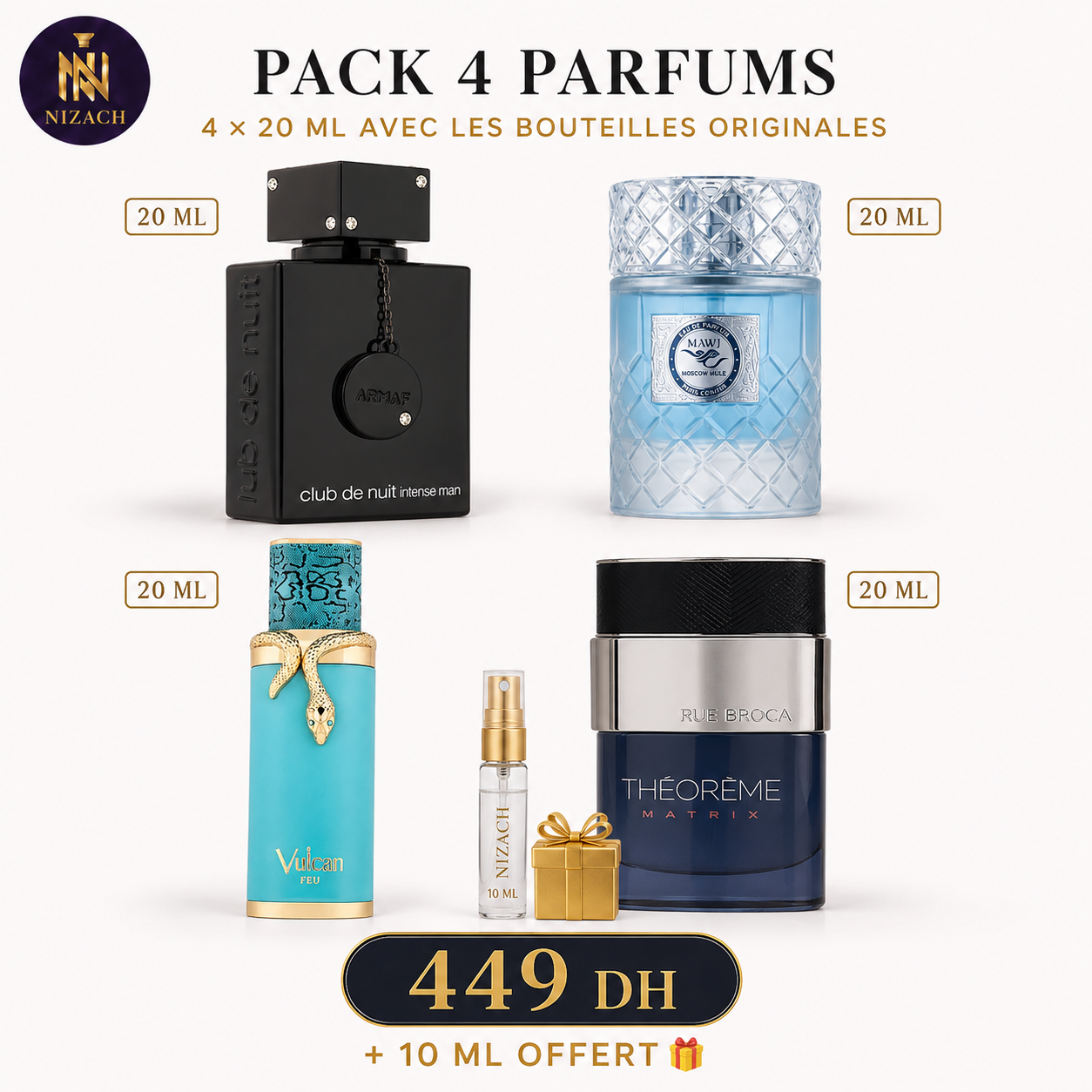 Pack 4 Parfums – 4×20ml avec bouteilles originales + cadeau 10ml