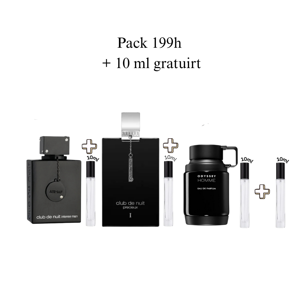 Pack 199 dh ( 10 ml club de nuit+10 ml precieux 1 +10 ml odyssey homme ) + 10 ml gratuite